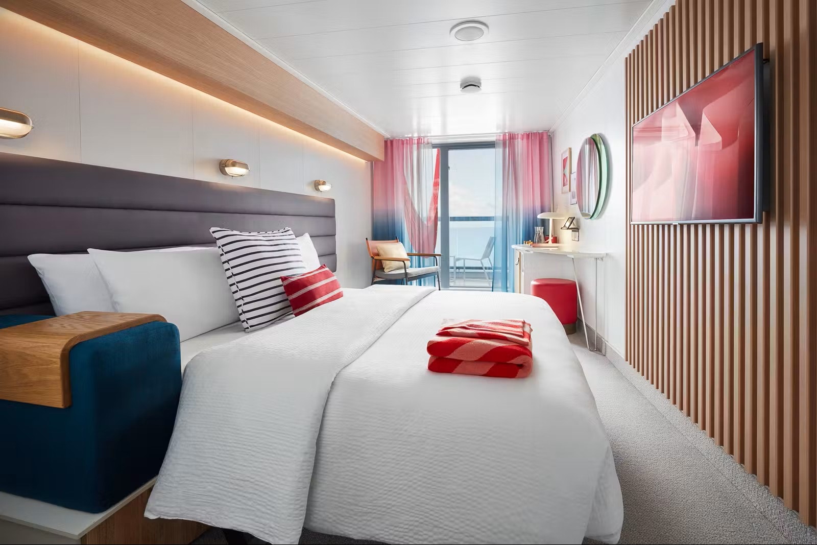 Virgin Voyages Sea Terrace cabin with private balcony and ocean views